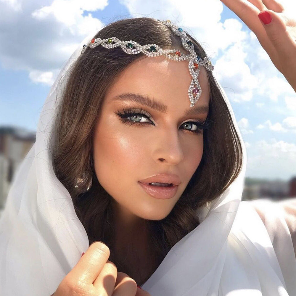 Devil's Eye Exaggerated Hair Chain Headband In Gold Alloy With Rhinestone Inlay
