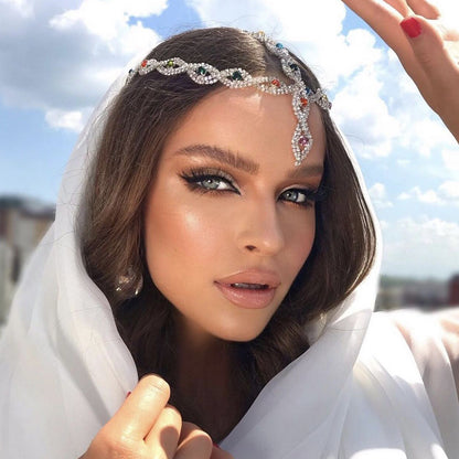 Devil's Eye Exaggerated Hair Chain Headband In Gold Alloy With Rhinestone Inlay