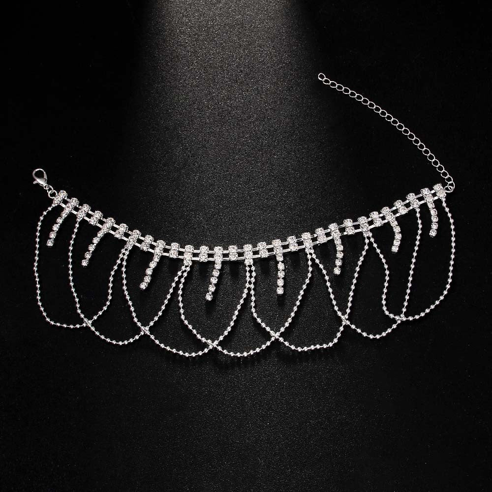 Women's Silver Alloy Tassel Anklet With Rhinestones, Elegant Foot Jewelry Accessory