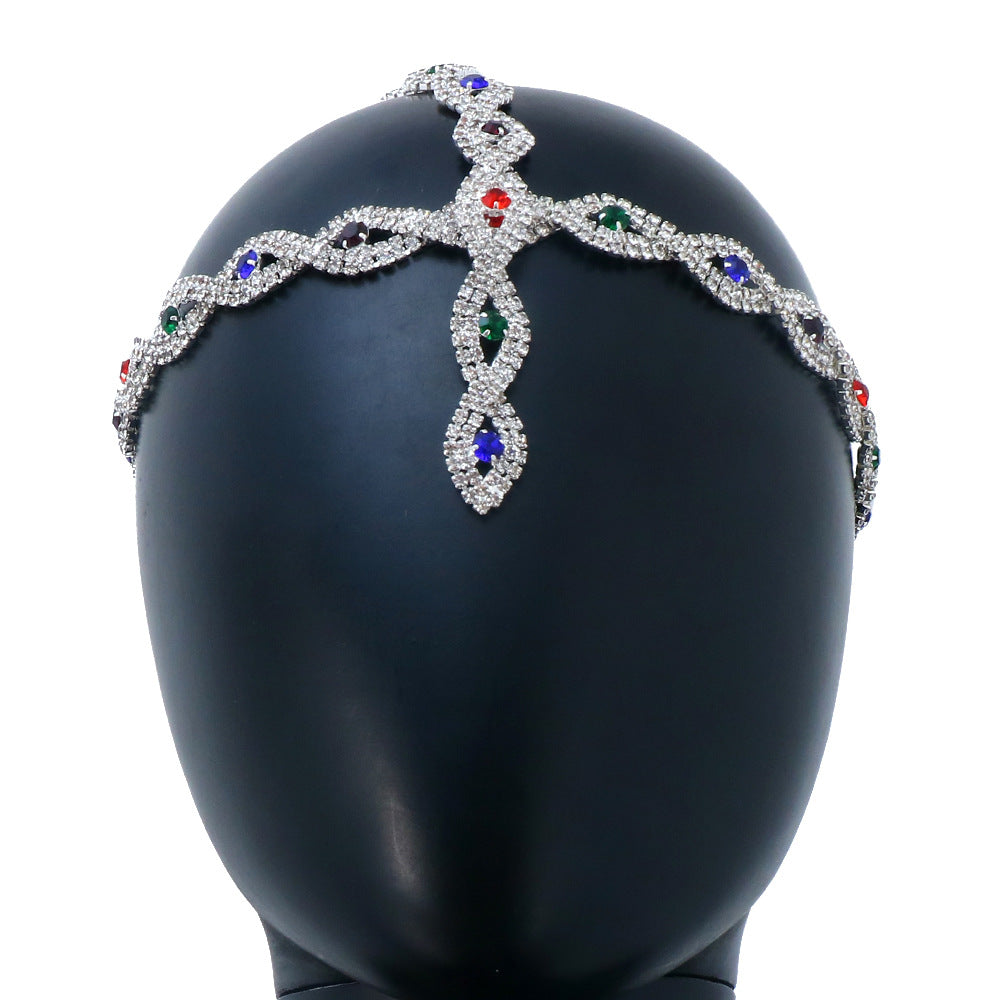 Devil's Eye Exaggerated Hair Chain Headband In Gold Alloy With Rhinestone Inlay
