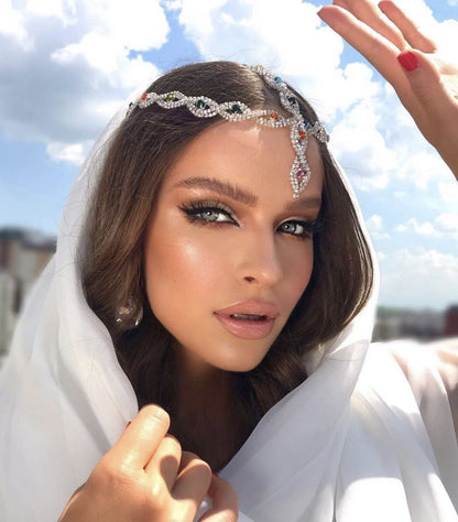 Devil's Eye Exaggerated Hair Chain Headband In Gold Alloy With Rhinestone Inlay