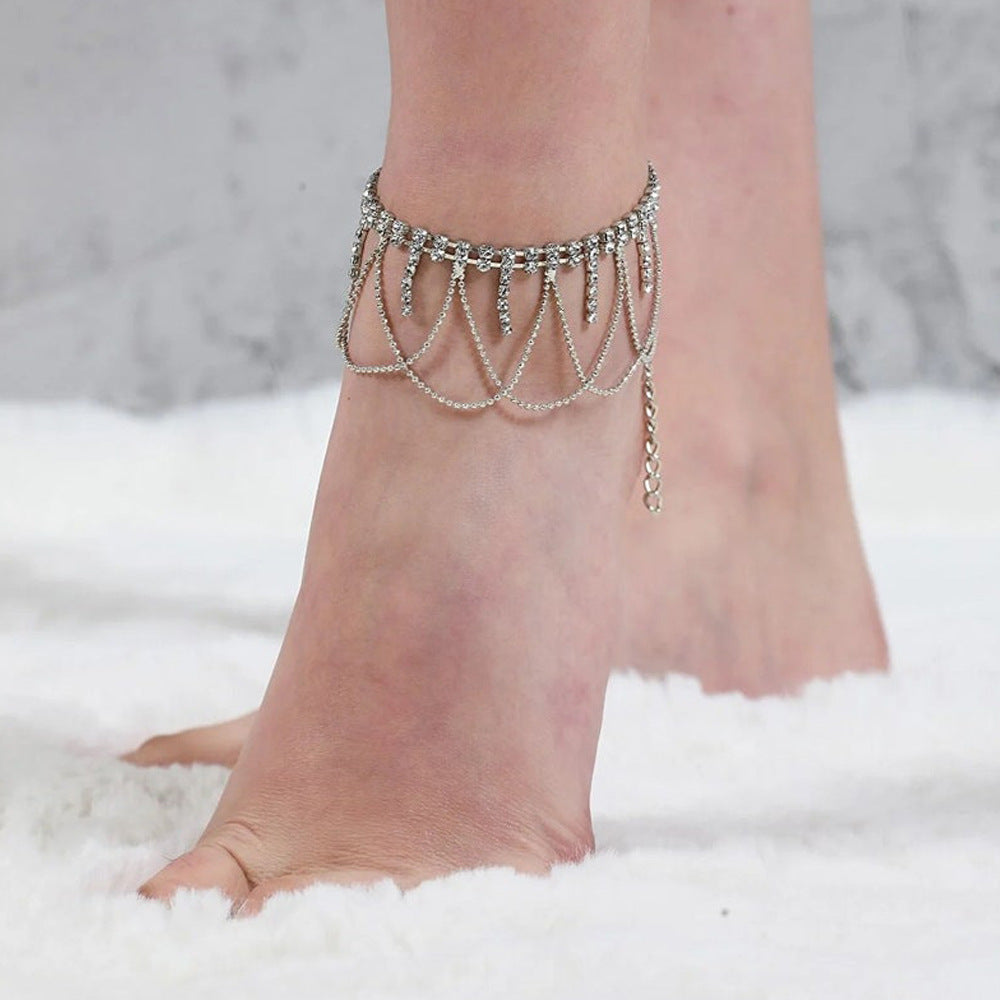 Women's Silver Alloy Tassel Anklet With Rhinestones, Elegant Foot Jewelry Accessory