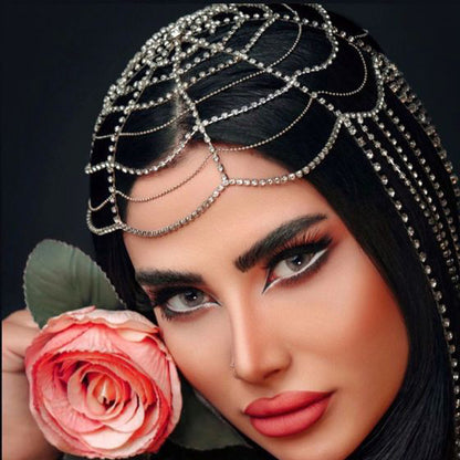 Silver Ethnic Style Women Hair Chain With Tassel Pattern In Metal Featuring Rhinestone Inlay