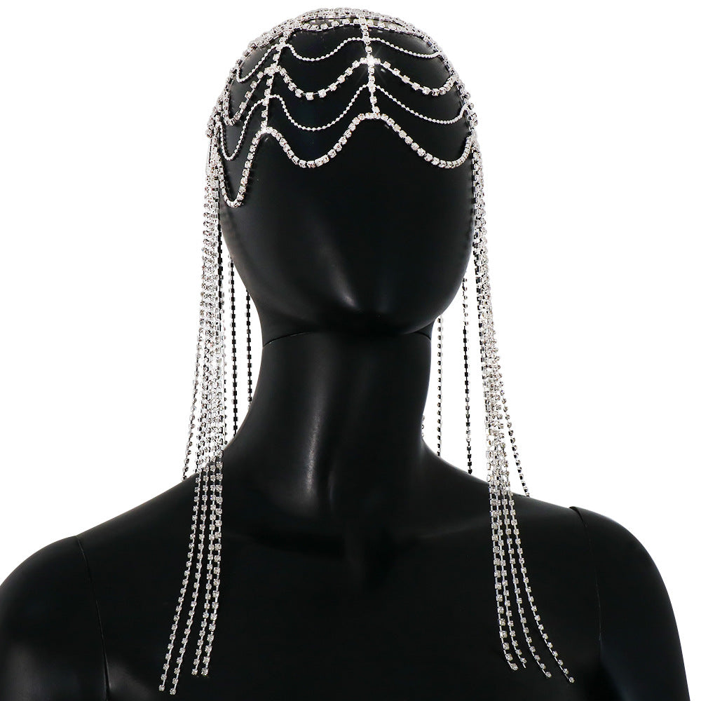 Silver Ethnic Style Women Hair Chain With Tassel Pattern In Metal Featuring Rhinestone Inlay