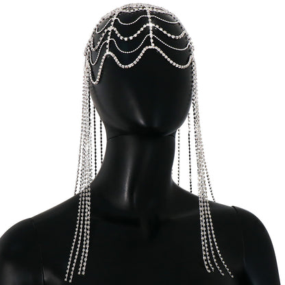 Silver Ethnic Style Women Hair Chain With Tassel Pattern In Metal Featuring Rhinestone Inlay