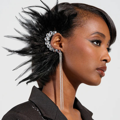 Gothic Silver Feather Tassel Clip Earrings For Women In Alloy With Rhinestone Inlay