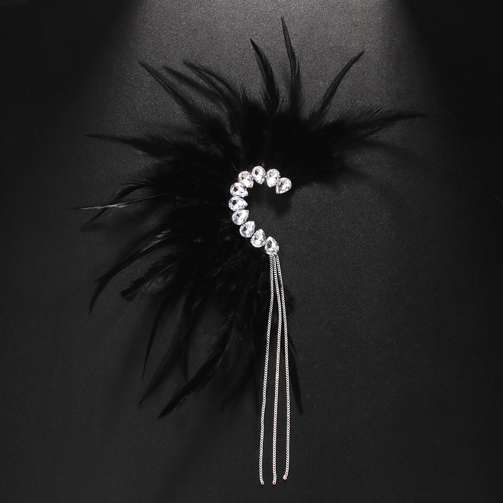 Gothic Silver Feather Tassel Clip Earrings For Women In Alloy With Rhinestone Inlay