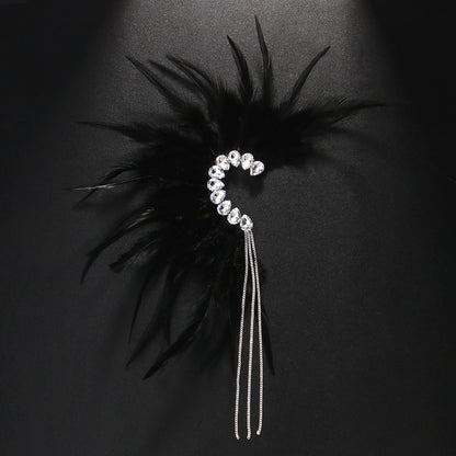Gothic Silver Feather Tassel Clip Earrings For Women In Alloy With Rhinestone Inlay