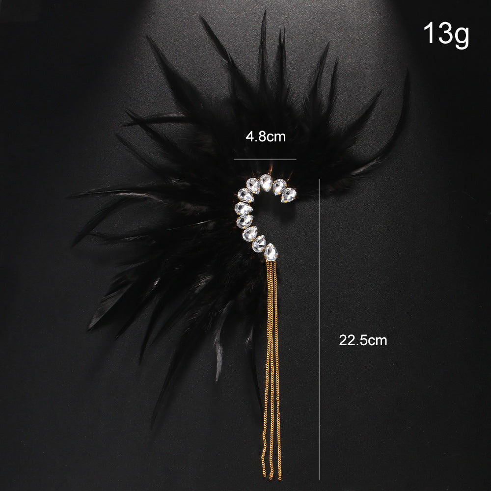Gothic Silver Feather Tassel Clip Earrings For Women In Alloy With Rhinestone Inlay