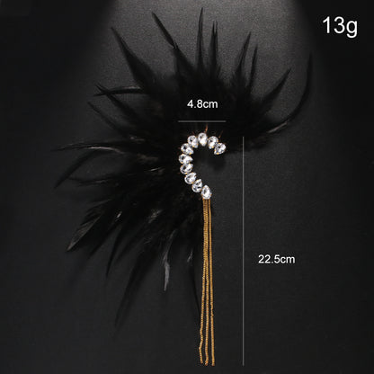 Gothic Silver Feather Tassel Clip Earrings For Women In Alloy With Rhinestone Inlay