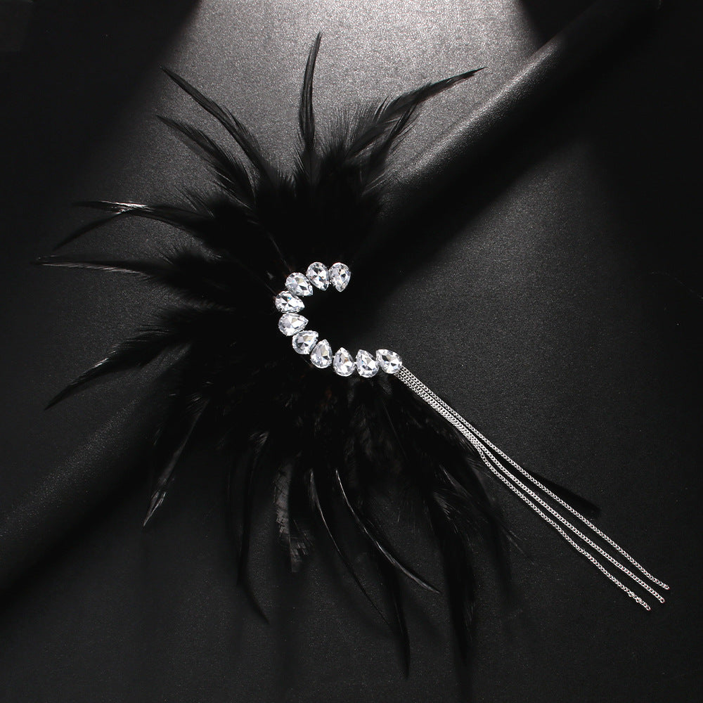 Gothic Silver Feather Tassel Clip Earrings For Women In Alloy With Rhinestone Inlay