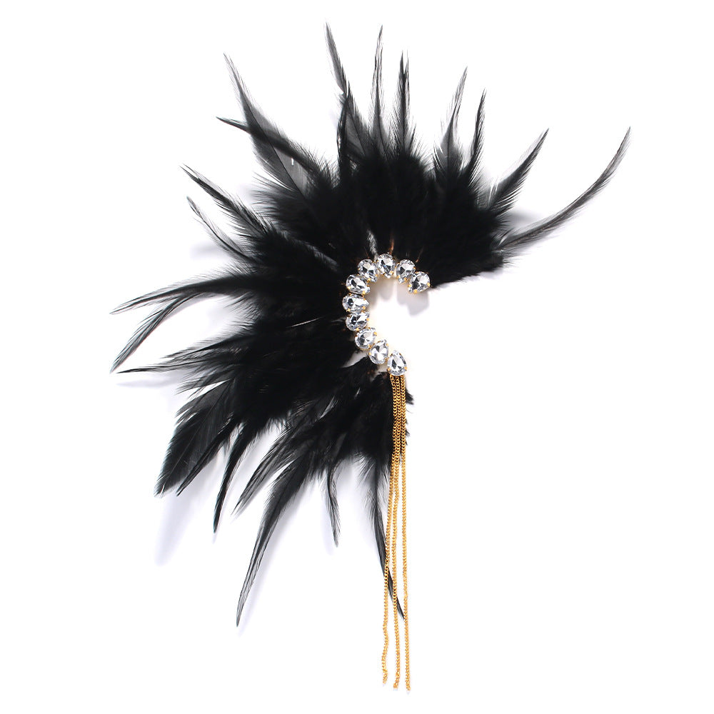 Gothic Silver Feather Tassel Clip Earrings For Women In Alloy With Rhinestone Inlay