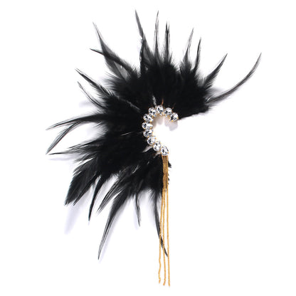 Gothic Silver Feather Tassel Clip Earrings For Women In Alloy With Rhinestone Inlay