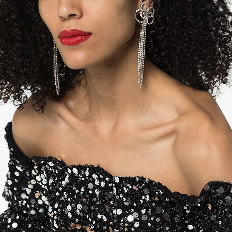 Silver Tassel Earrings For Women Featuring Alloy Craft With Rhinestone Inlay