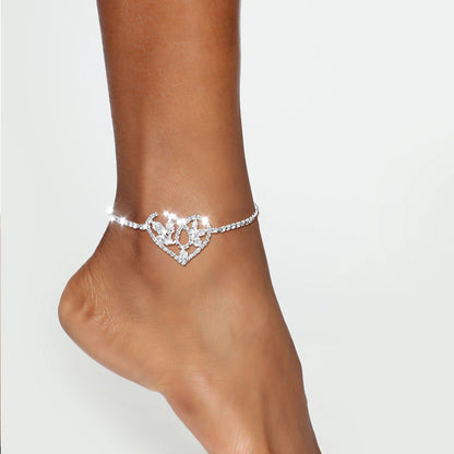 Elaborate Silver Alloy Anklet For Women With Heart Shape Pattern And Rhinestone Inlay