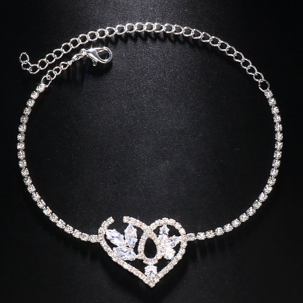 Elaborate Silver Alloy Anklet For Women With Heart Shape Pattern And Rhinestone Inlay