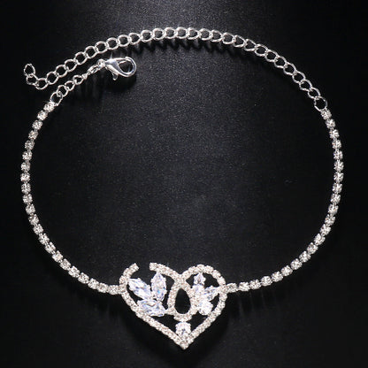 Elaborate Silver Alloy Anklet For Women With Heart Shape Pattern And Rhinestone Inlay