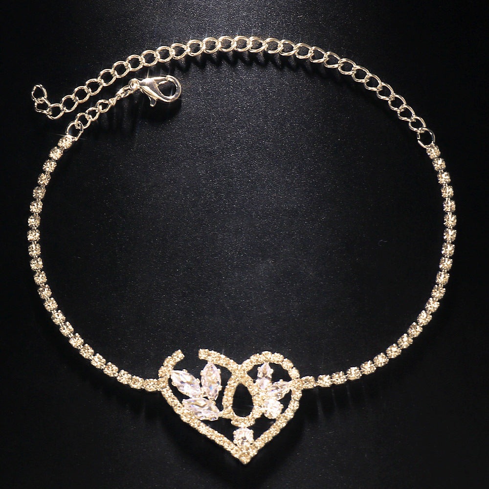 Elaborate Silver Alloy Anklet For Women With Heart Shape Pattern And Rhinestone Inlay
