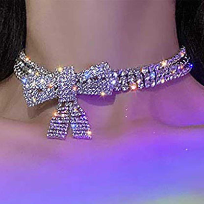 Silver Alloy Bow Tie Necklace For Women With Electroplated Finish And Rhinestone Pendant