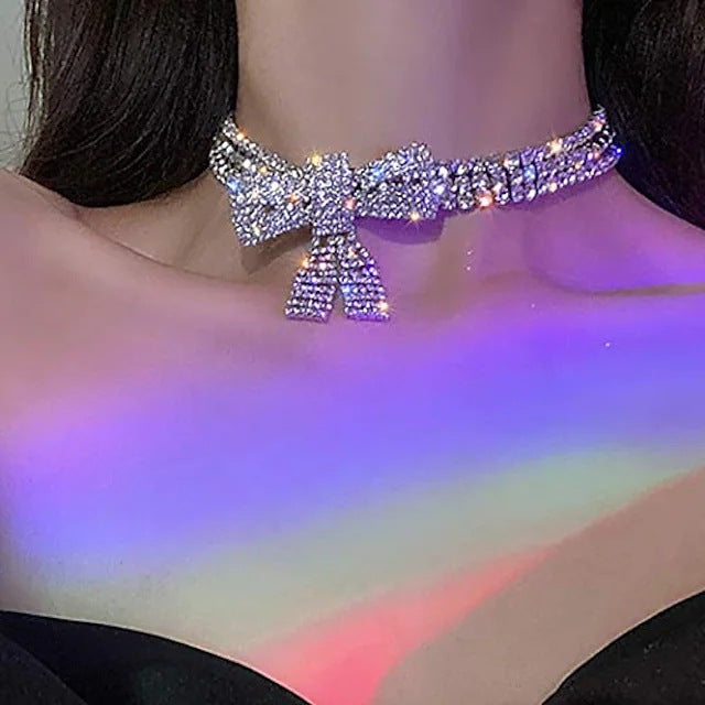 Silver Alloy Bow Tie Necklace For Women With Electroplated Finish And Rhinestone Pendant