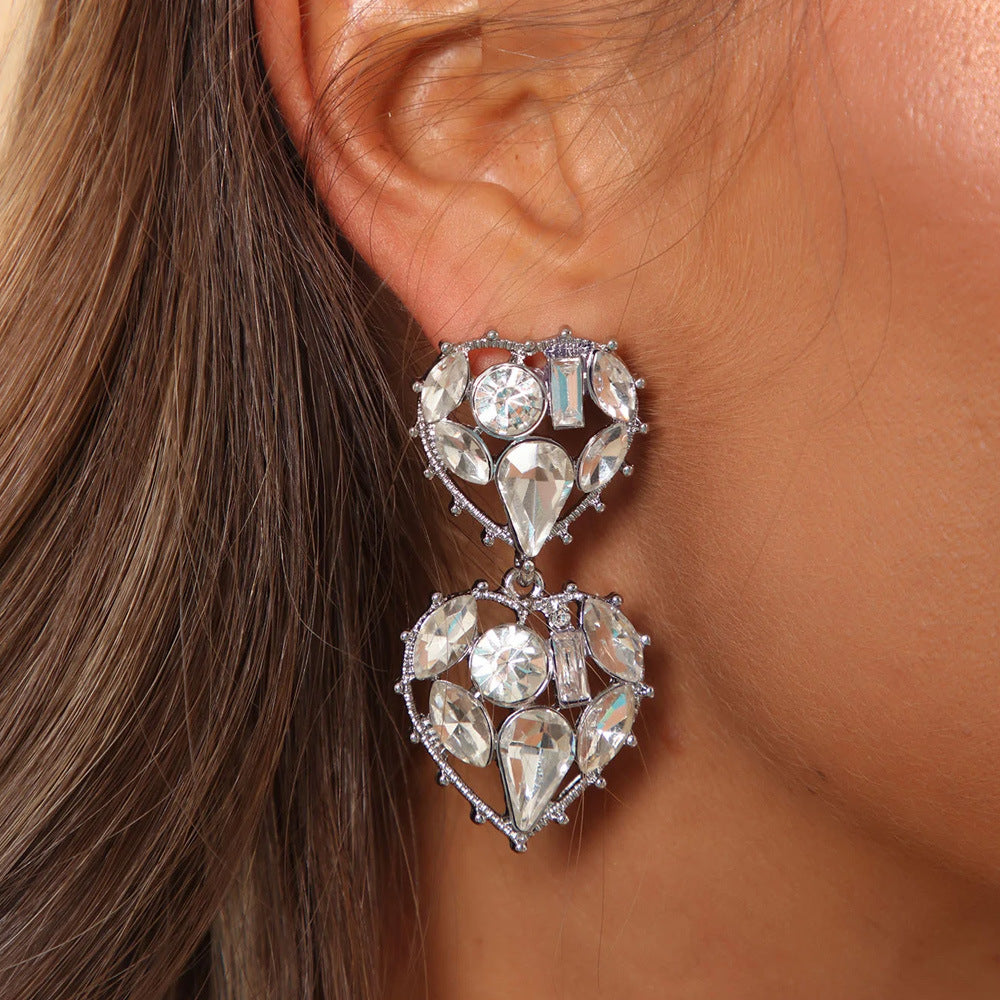 Double Heart Silver Alloy Earrings For Women With Electroplated Finish And Rhinestone Inlay