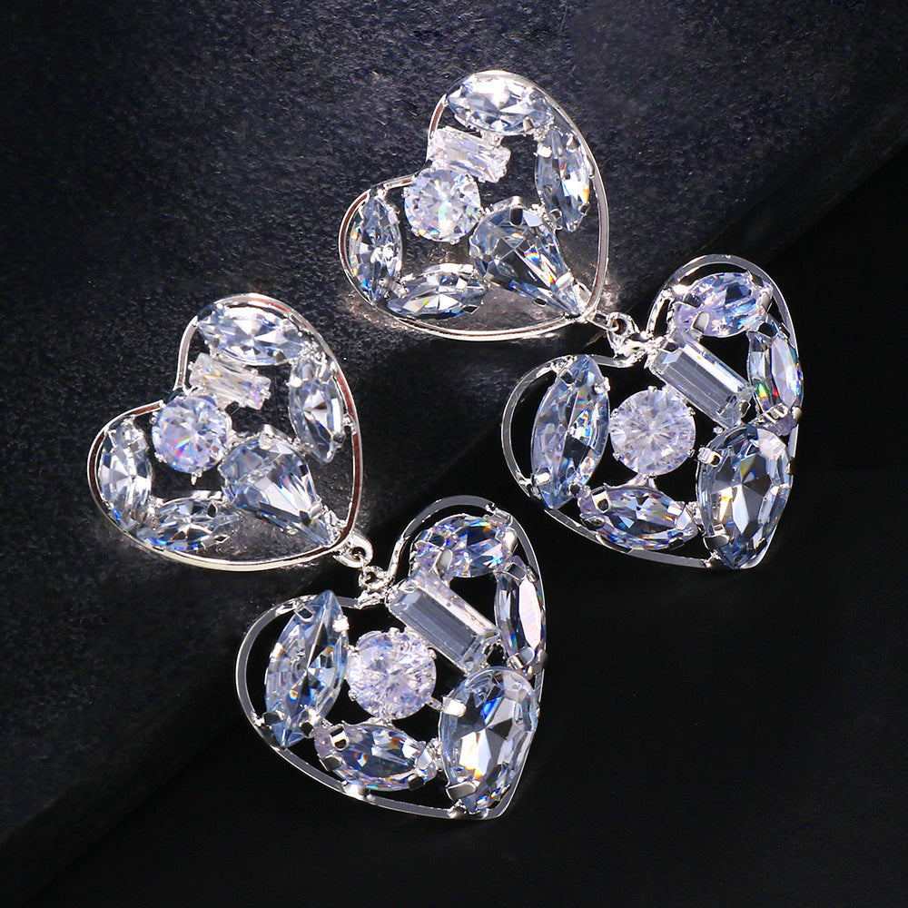 Double Heart Silver Alloy Earrings For Women With Electroplated Finish And Rhinestone Inlay