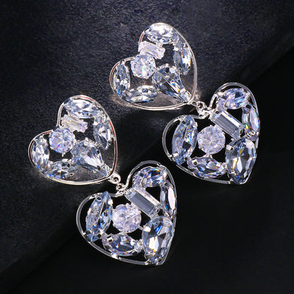 Double Heart Silver Alloy Earrings For Women With Electroplated Finish And Rhinestone Inlay