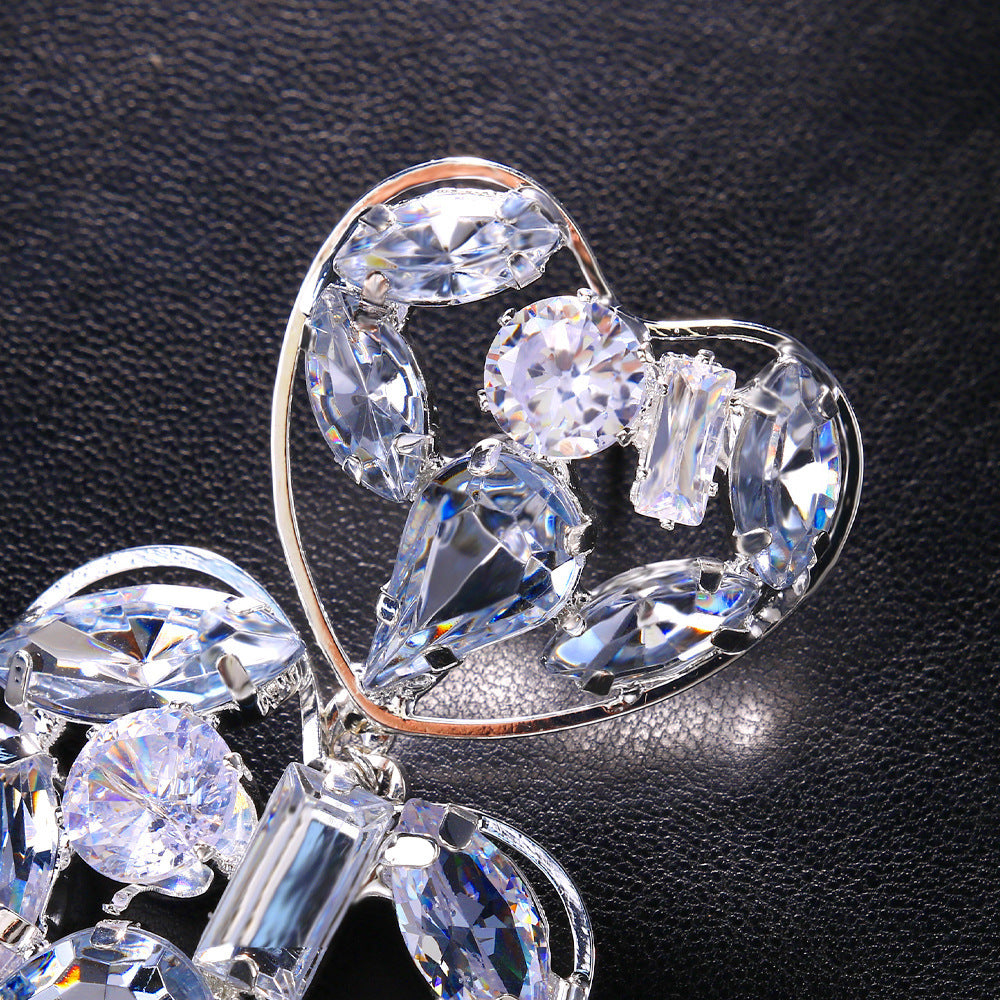 Double Heart Silver Alloy Earrings For Women With Electroplated Finish And Rhinestone Inlay