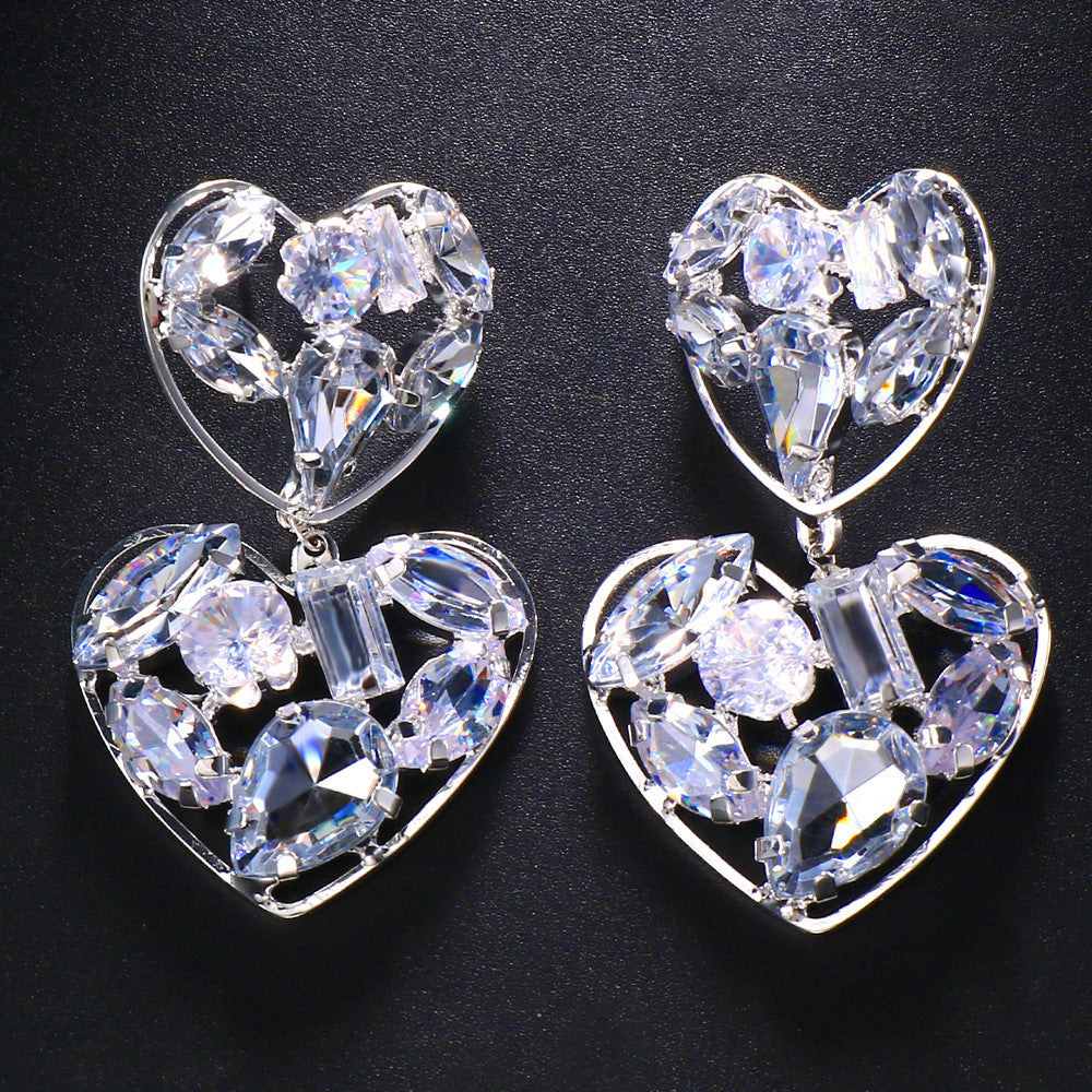 Double Heart Silver Alloy Earrings For Women With Electroplated Finish And Rhinestone Inlay