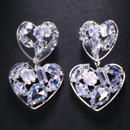 Double Heart Silver Alloy Earrings For Women With Electroplated Finish And Rhinestone Inlay