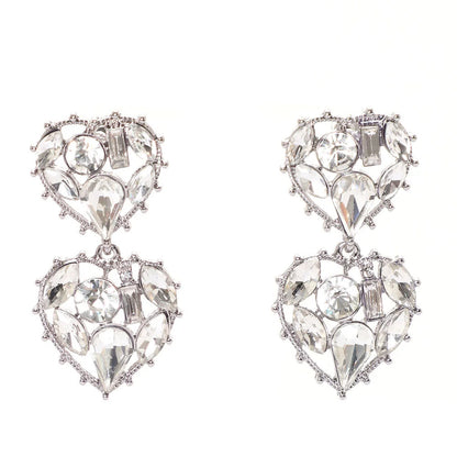 Double Heart Silver Alloy Earrings For Women With Electroplated Finish And Rhinestone Inlay