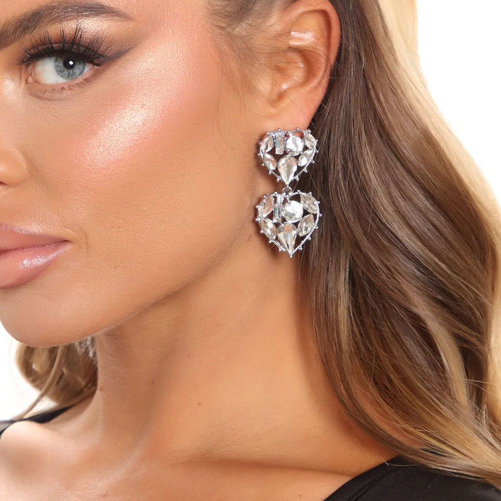 Double Heart Silver Alloy Earrings For Women With Electroplated Finish And Rhinestone Inlay