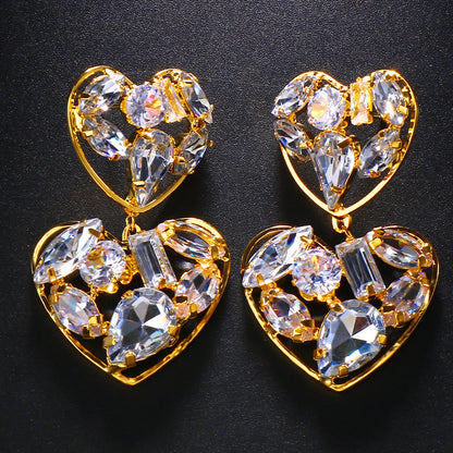 Double Heart Silver Alloy Earrings For Women With Electroplated Finish And Rhinestone Inlay