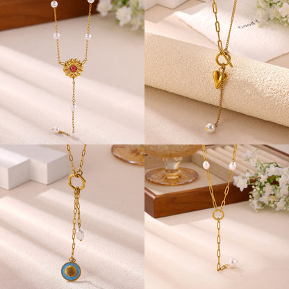 Baroque Y-Necklace Lariat With Flower Pattern In 304 Stainless Steel, 18K Gold Plated PVD, Imitation Pearl Cable Chain