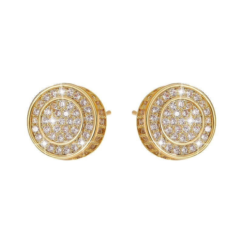 Round Three-dimensional White Copper Stud Earrings For Unisex Featuring Zircon Inlay In Hip-Hop Style