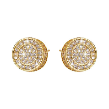 Round Three-dimensional White Copper Stud Earrings For Unisex Featuring Zircon Inlay In Hip-Hop Style