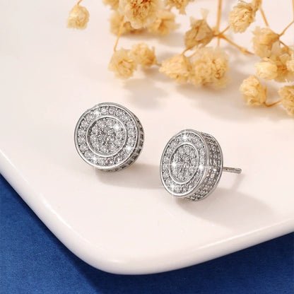 Round Three-dimensional White Copper Stud Earrings For Unisex Featuring Zircon Inlay In Hip-Hop Style