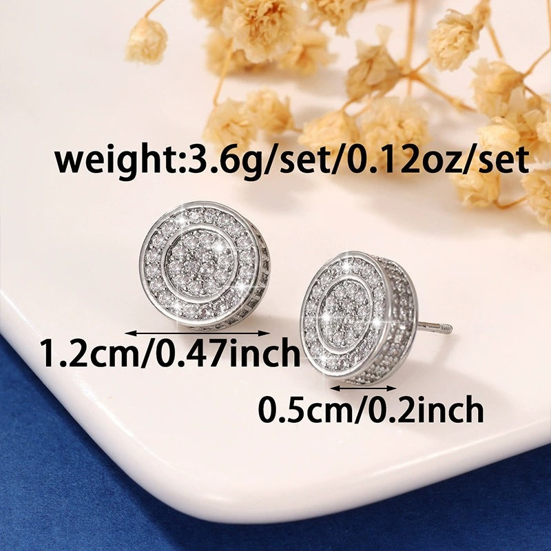 Round Three-dimensional White Copper Stud Earrings For Unisex Featuring Zircon Inlay In Hip-Hop Style