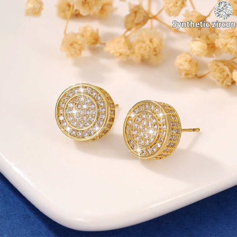 Round Three-dimensional White Copper Stud Earrings For Unisex Featuring Zircon Inlay In Hip-Hop Style