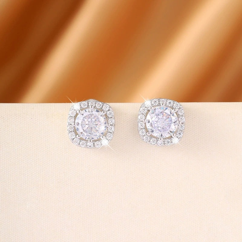 Geometric Stud Earrings For Women In Copper With Zircon Inlay, Featuring Electroplated Finish And Copper Ear Pins