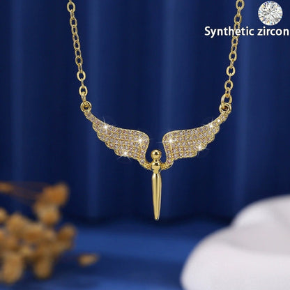 Angel Wings Necklace For Women In Copper Pendant Featuring Zircon Inlay And Electroplated Finish With Cable Chain