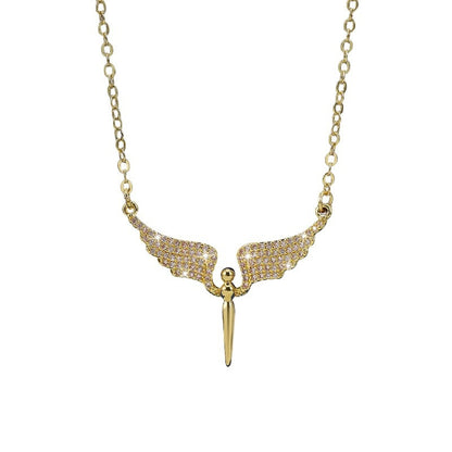 Angel Wings Necklace For Women In Copper Pendant Featuring Zircon Inlay And Electroplated Finish With Cable Chain