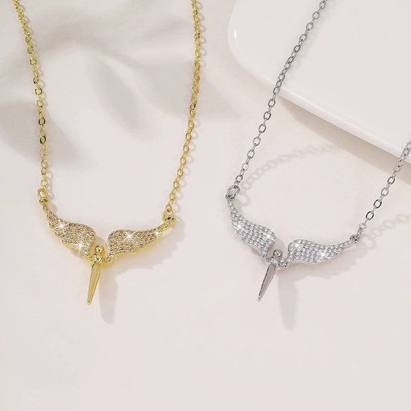 Angel Wings Necklace For Women In Copper Pendant Featuring Zircon Inlay And Electroplated Finish With Cable Chain