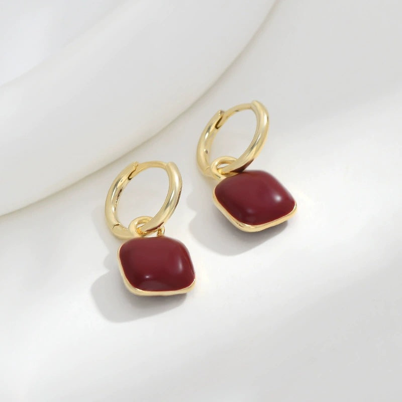 Geometric Enamel Red Earrings For Women With Copper Studs, Stylish And Durable