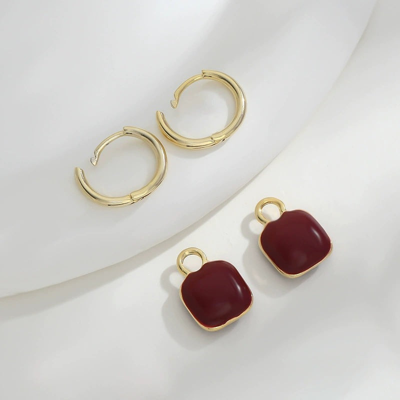Geometric Enamel Red Earrings For Women With Copper Studs, Stylish And Durable