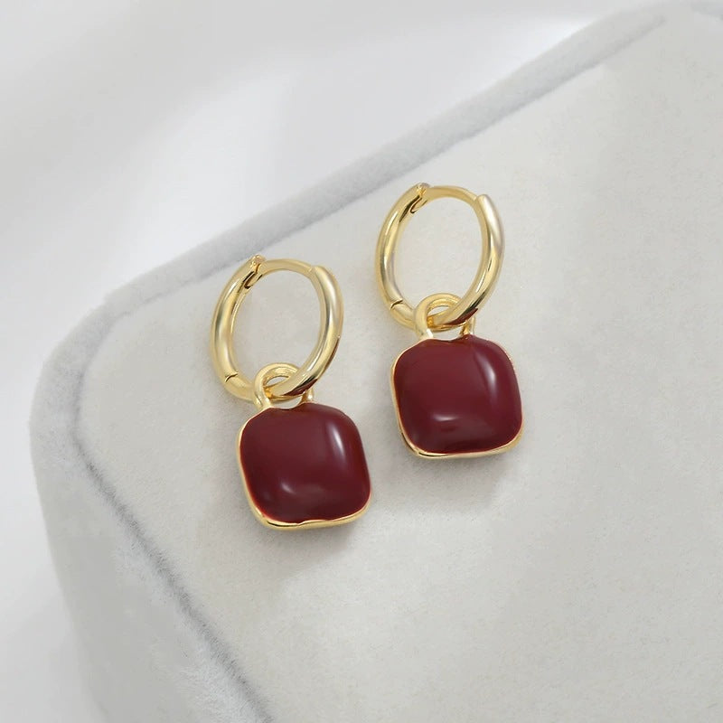 Geometric Enamel Red Earrings For Women With Copper Studs, Stylish And Durable