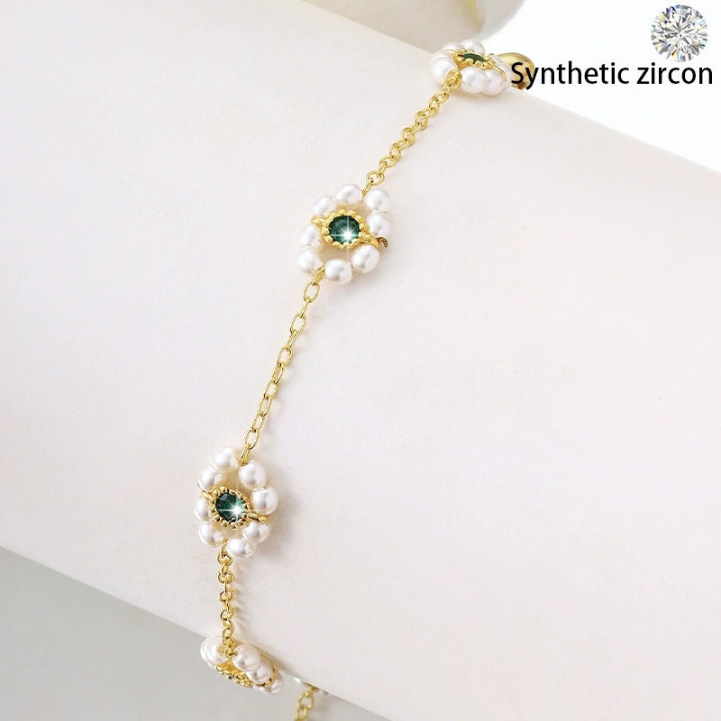 Vintage Style Flowers Beading Bracelets For Women With Electroplated Copper And Slider Chain