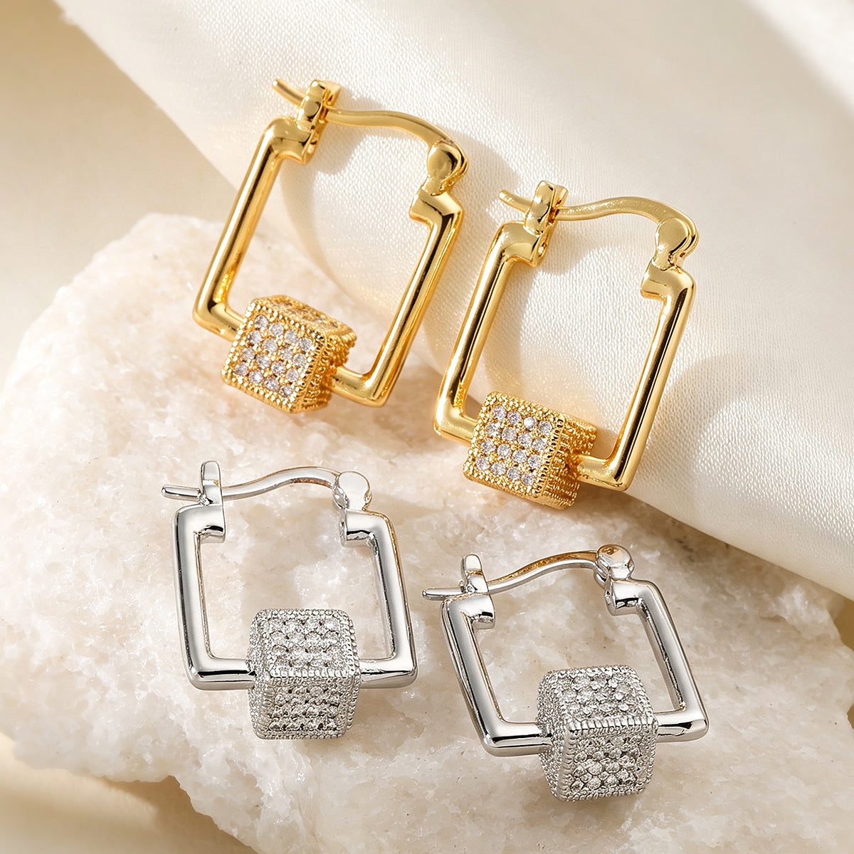 Geometric Electroplated Copper Earrings For Women With 18K Real Gold Plated Water Plating And Zircon Inlay