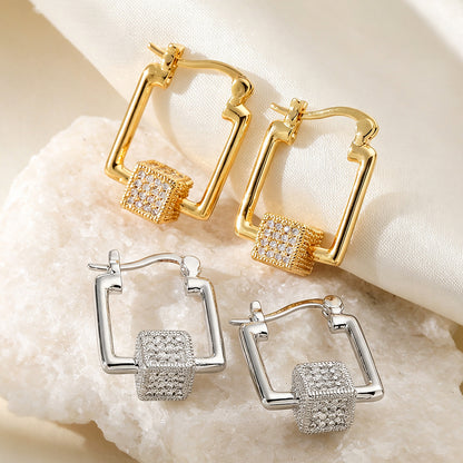 Geometric Electroplated Copper Earrings For Women With 18K Real Gold Plated Water Plating And Zircon Inlay