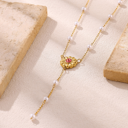 Baroque Y-Necklace Lariat With Flower Pattern In 304 Stainless Steel, 18K Gold Plated PVD, Imitation Pearl Cable Chain